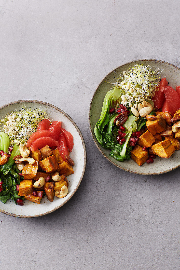 Sweet potato bowl with bean sprouts and nuts