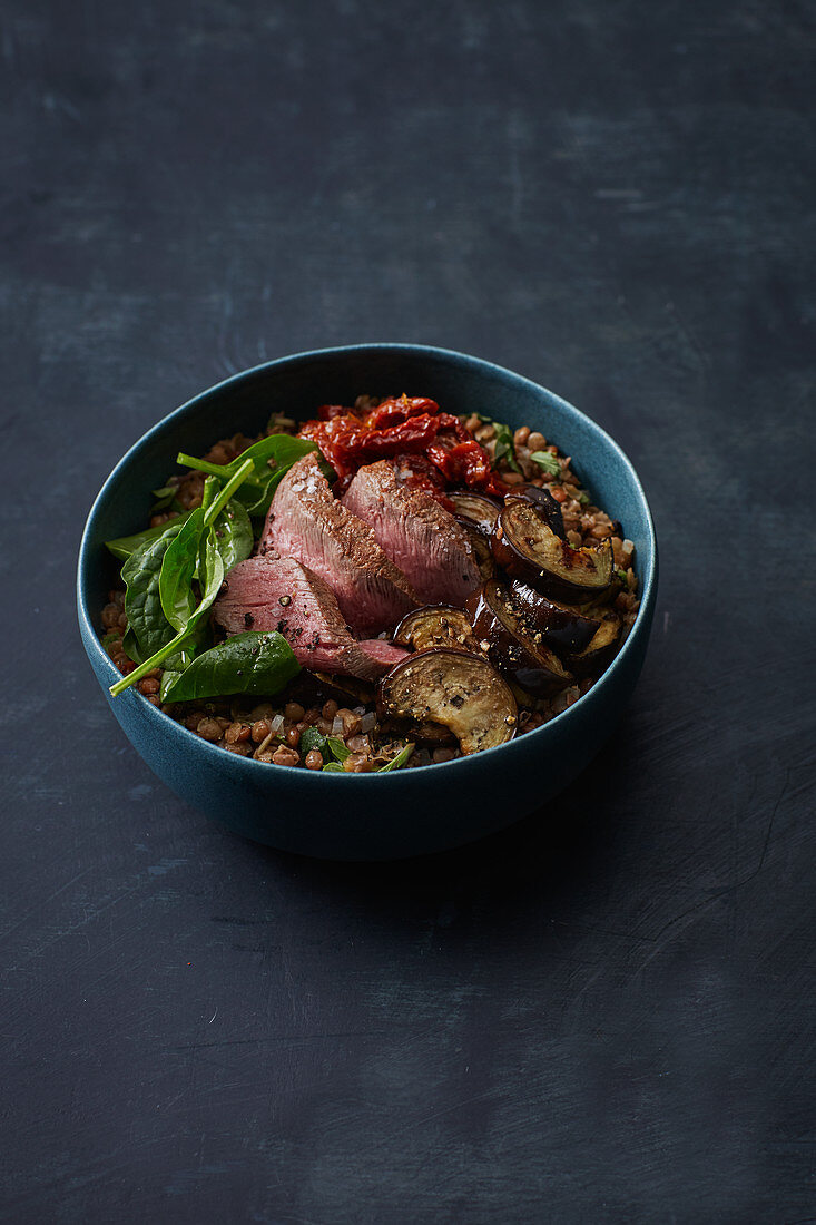 Mediterranean lentil and aubergine bowl with lamb