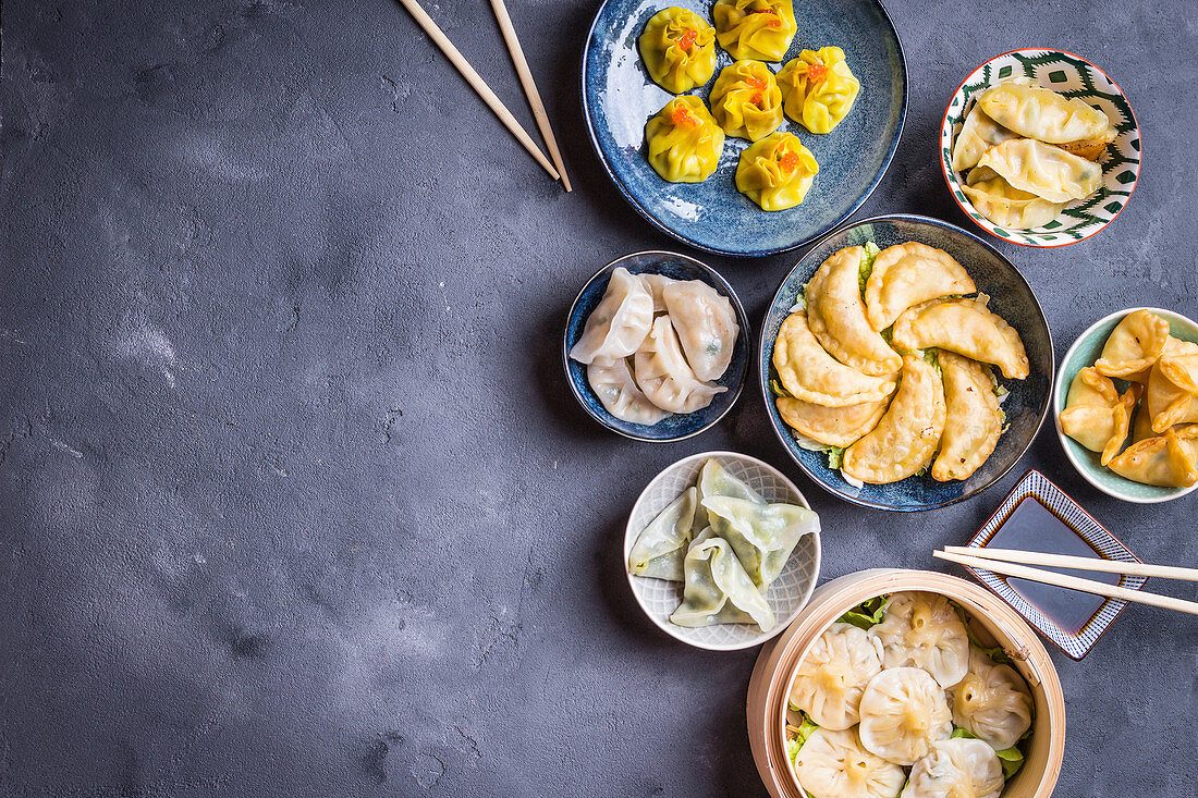 Assorted dim sum appetizers on rustic background