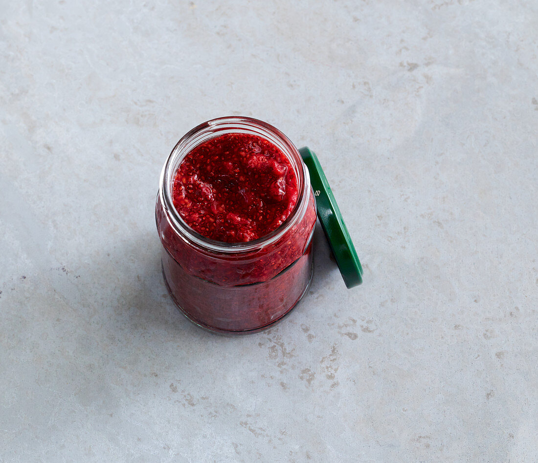 Raspberry and chia jam with maple syrup