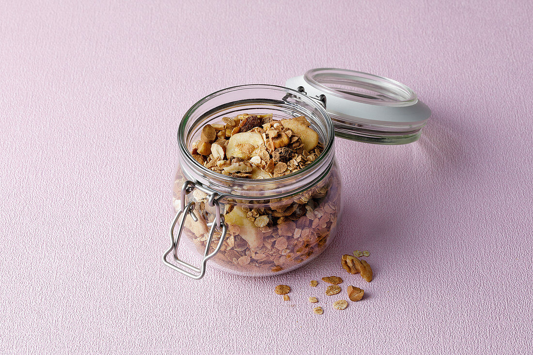 Crunchy muesli in a storage jar