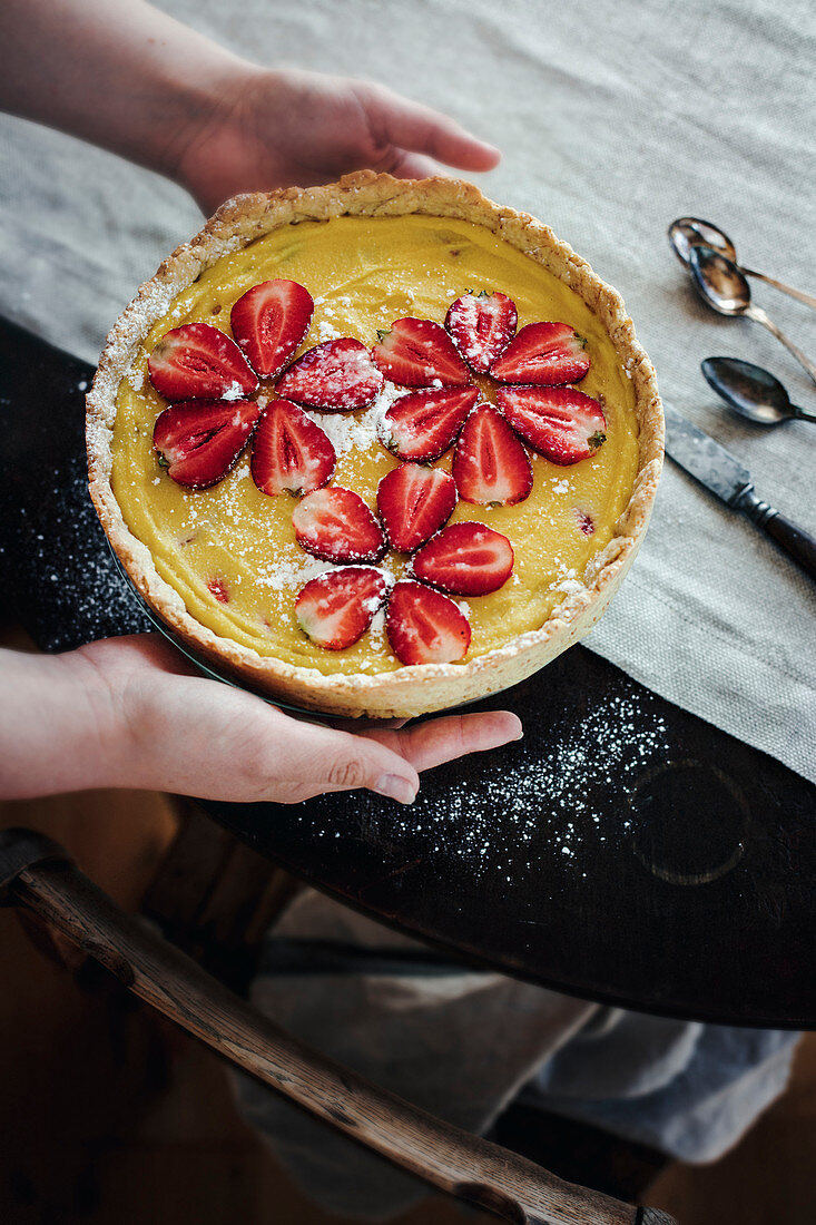 Homemade strawberry tart on the table