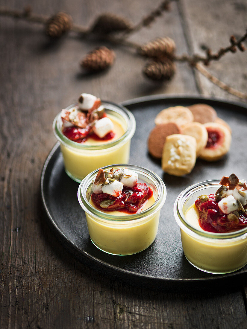 Custard with jam and cookies