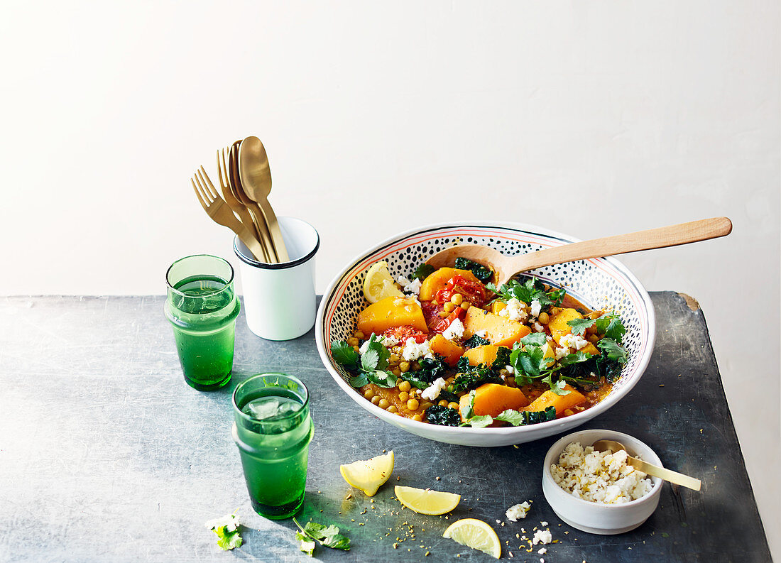 Moroccan chickpea, squash and kale stew with feta