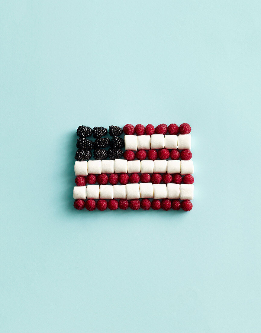 An American flag made from berries and marshmallows