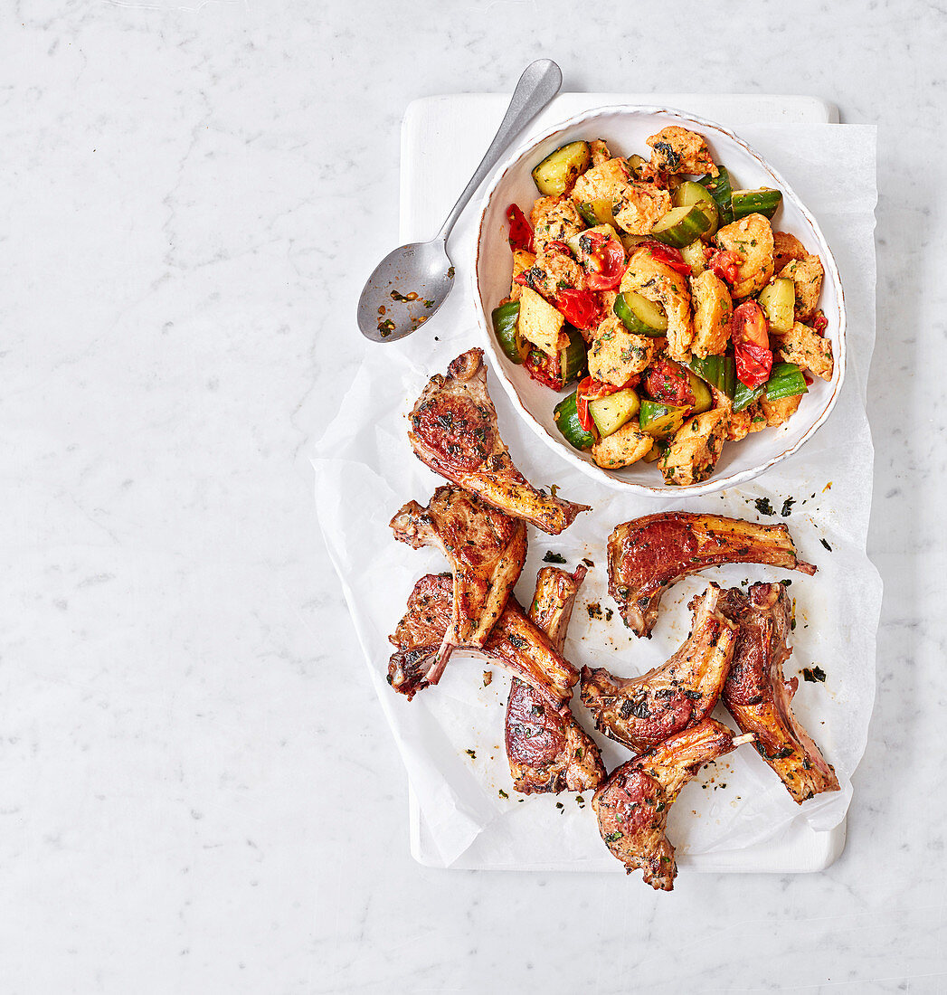 Grilled lamb with garlic bread salad