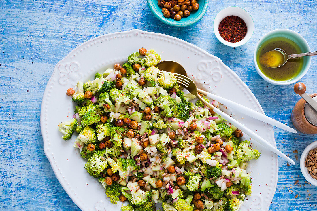Spicy broccoli salad with roasted chickpeas