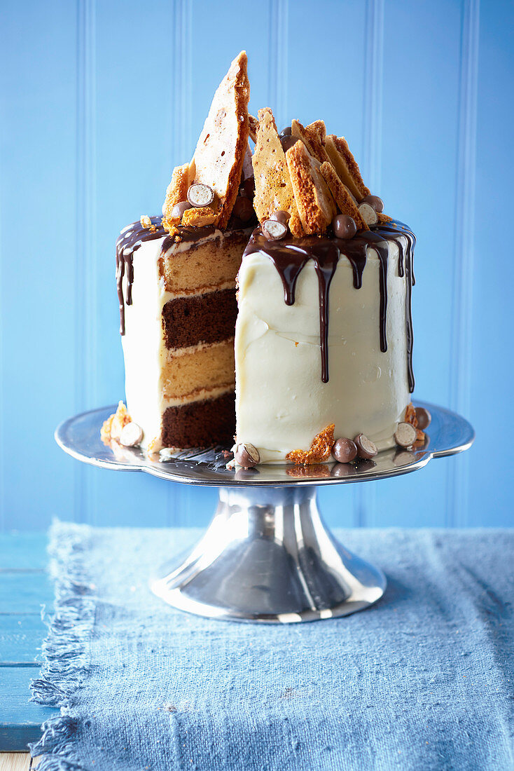 Malted chocolate drizzle and honeycomb cake