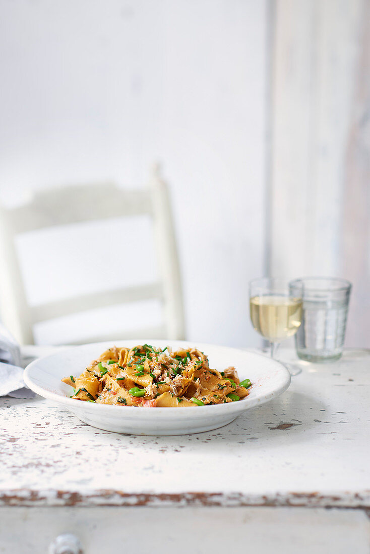 Homemade pappardelle with crab and broad beans