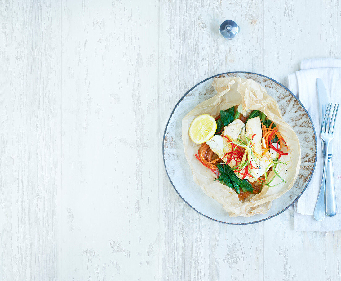 Steamed ginger and soy sea bass parcels