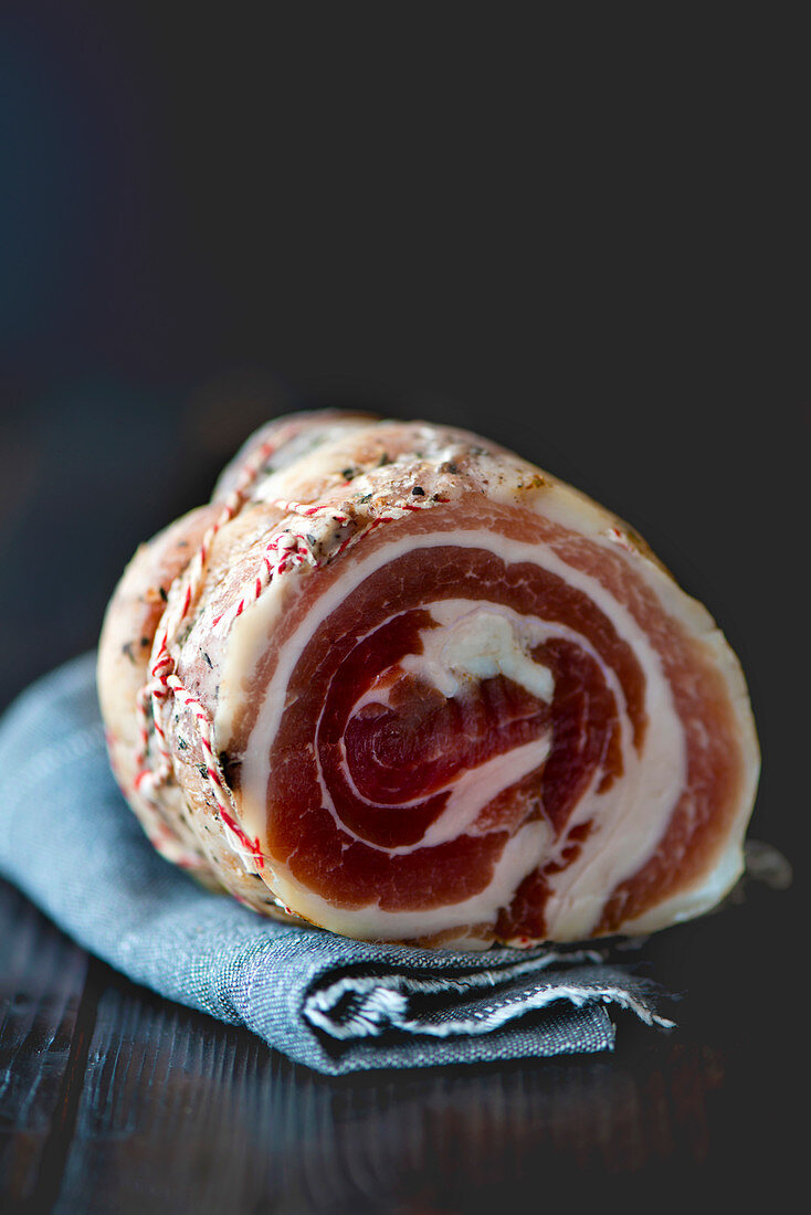 A home cured rolled Italian Style pancetta