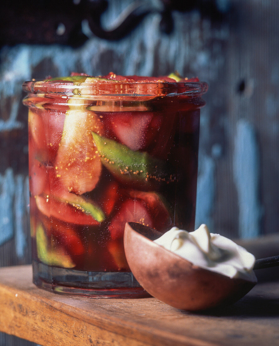Fig and pear jam in a glass