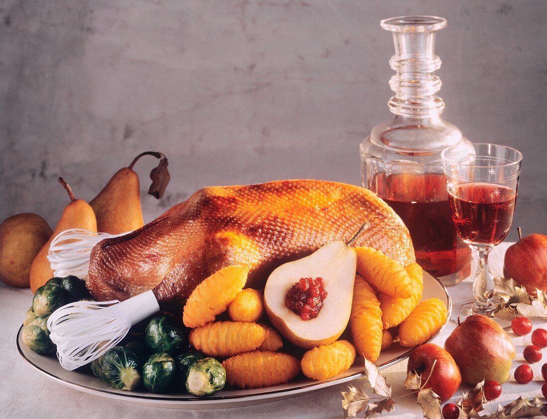 Whole Roasted Goose with Vegetables; Cranberry Juice