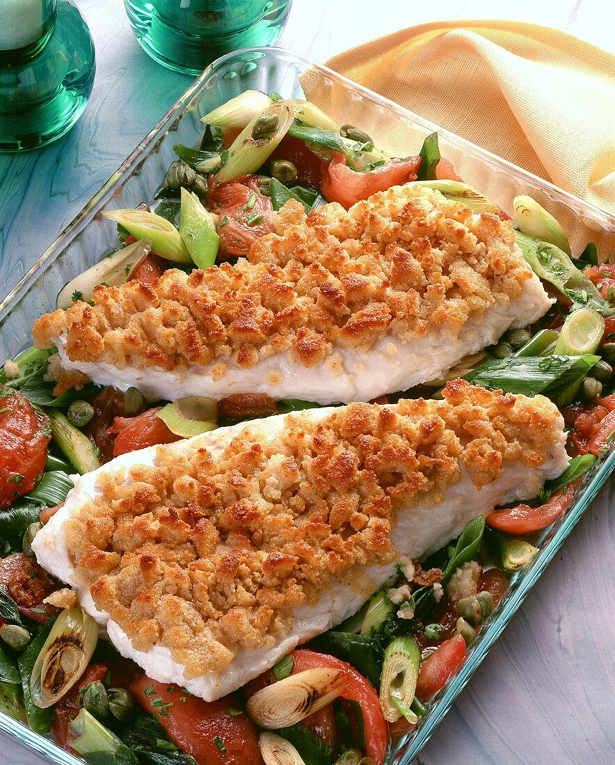 Cod fillets in breadcrumbs on vegetables