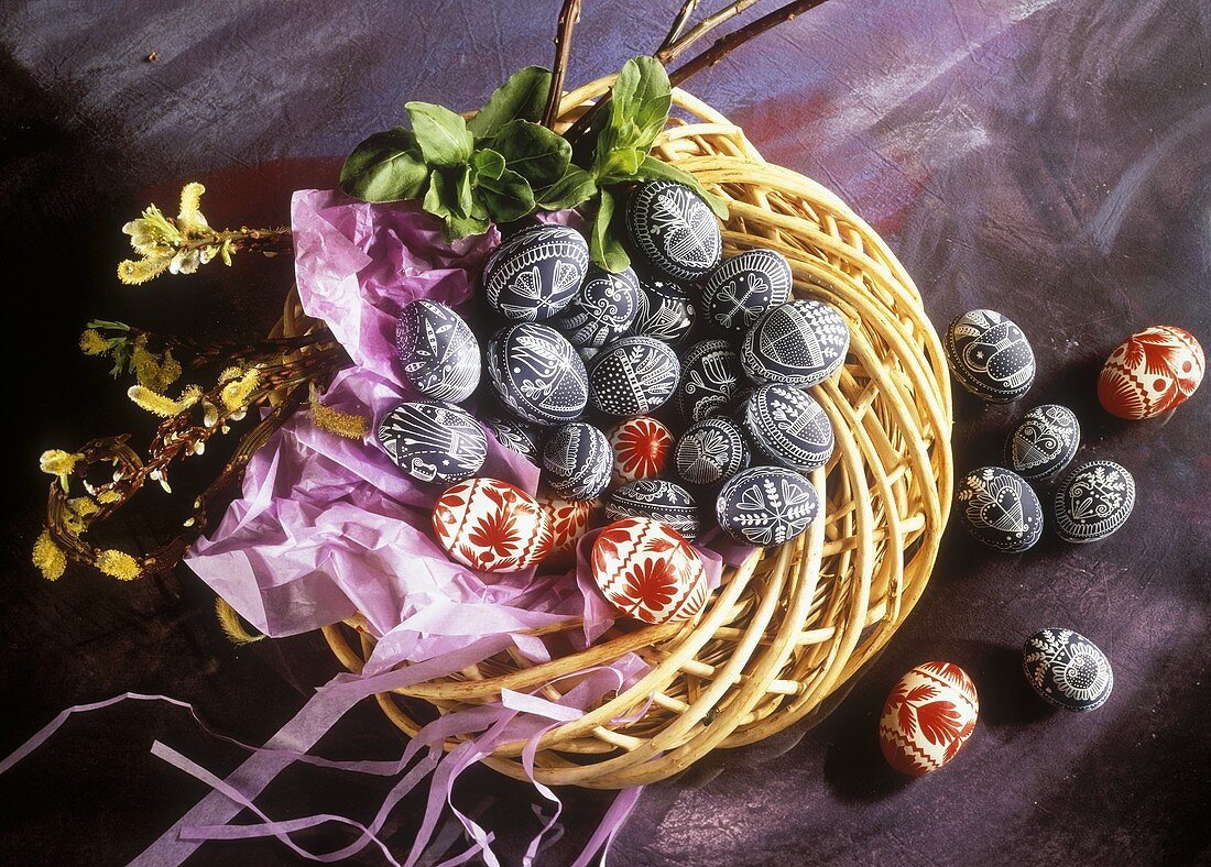 Decorated Easter eggs (Sorbian style) in willow twig nest