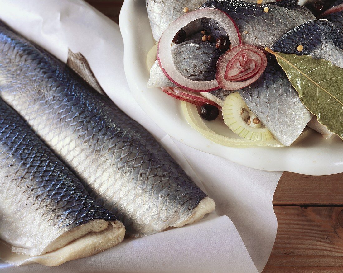 Herring fillets and Heringshappen (herring dish)