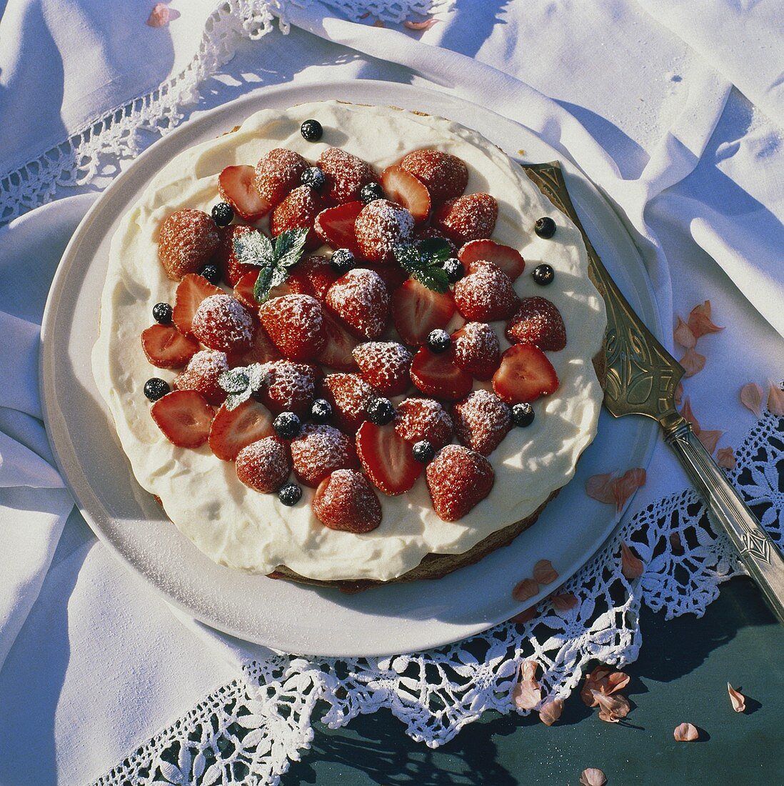 Strawberry and redcurrant gateau with cream