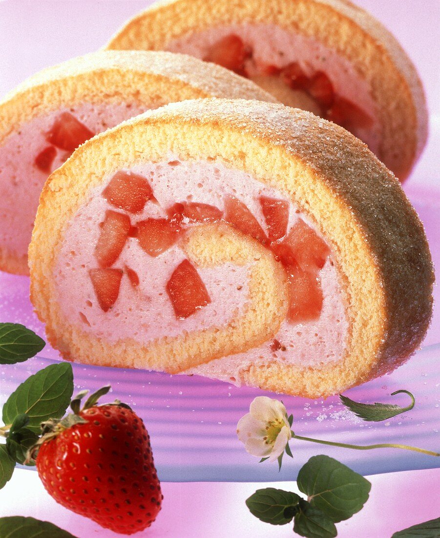Strawberry sponge roll, three slices