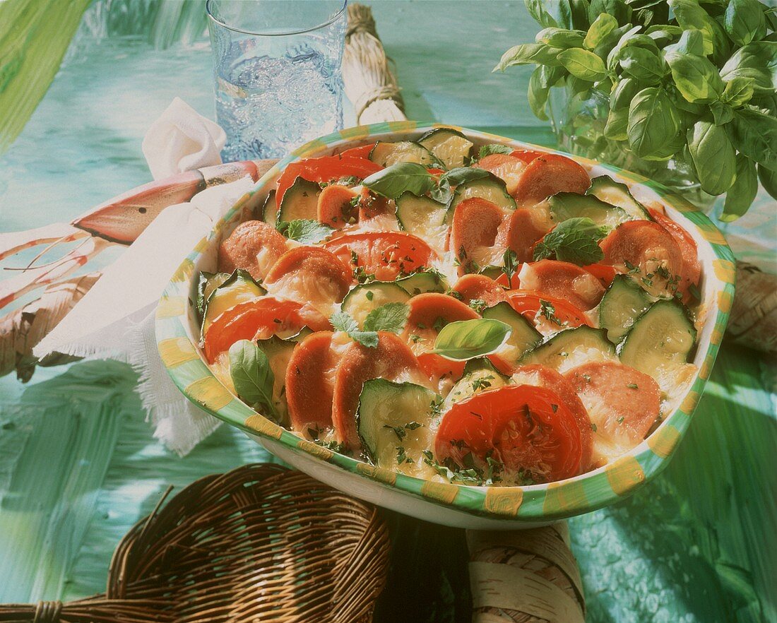 Tomaten-Zucchini-Gratin mit Wurstscheiben, Basilikum, Käse