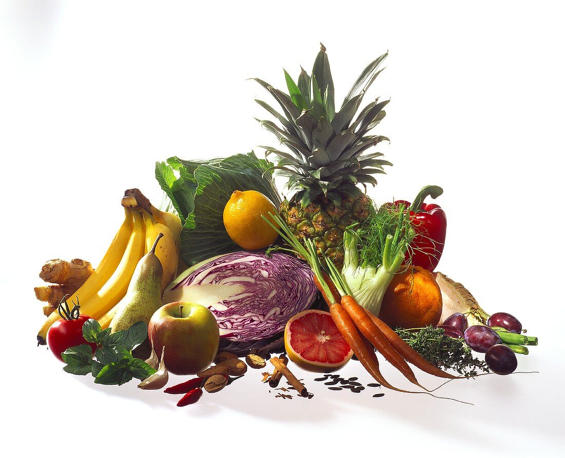 Still life with fruit, vegetables, herbs & spices