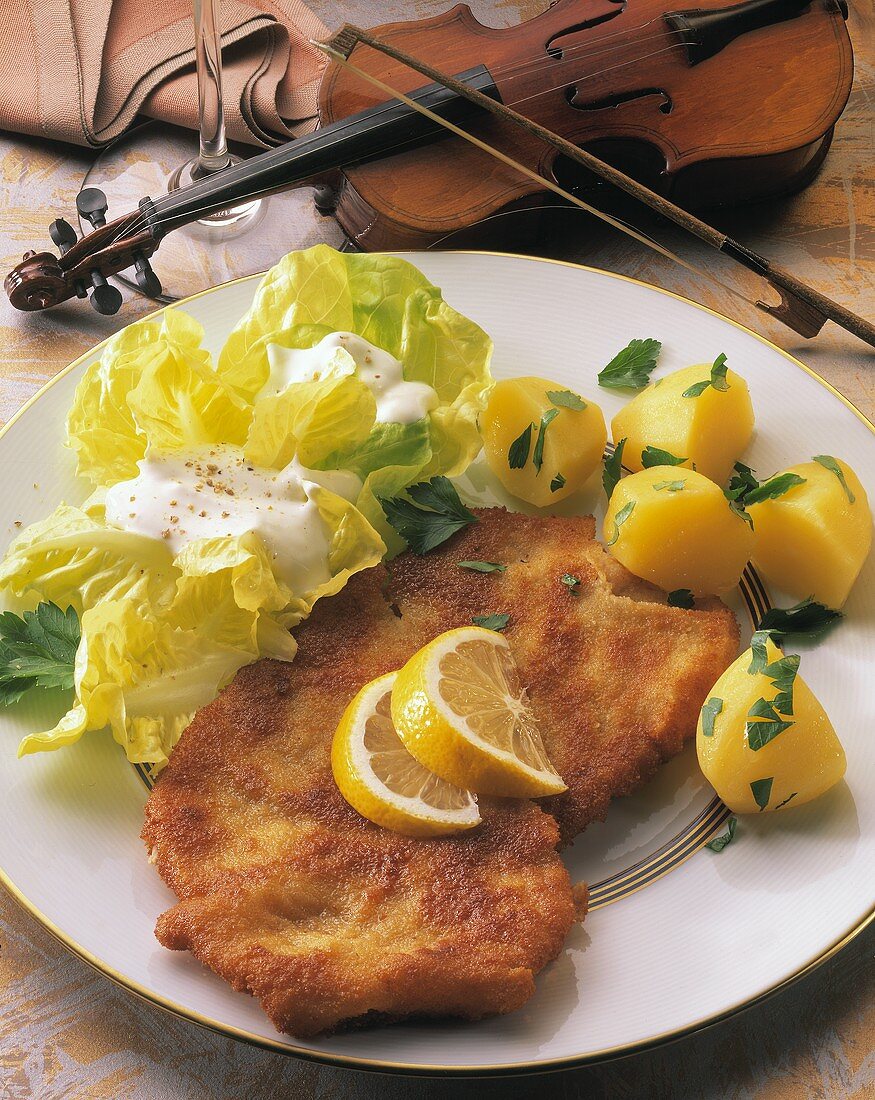 Wiener Schnitzel (veal escalope), lettuce & parsley potatoes