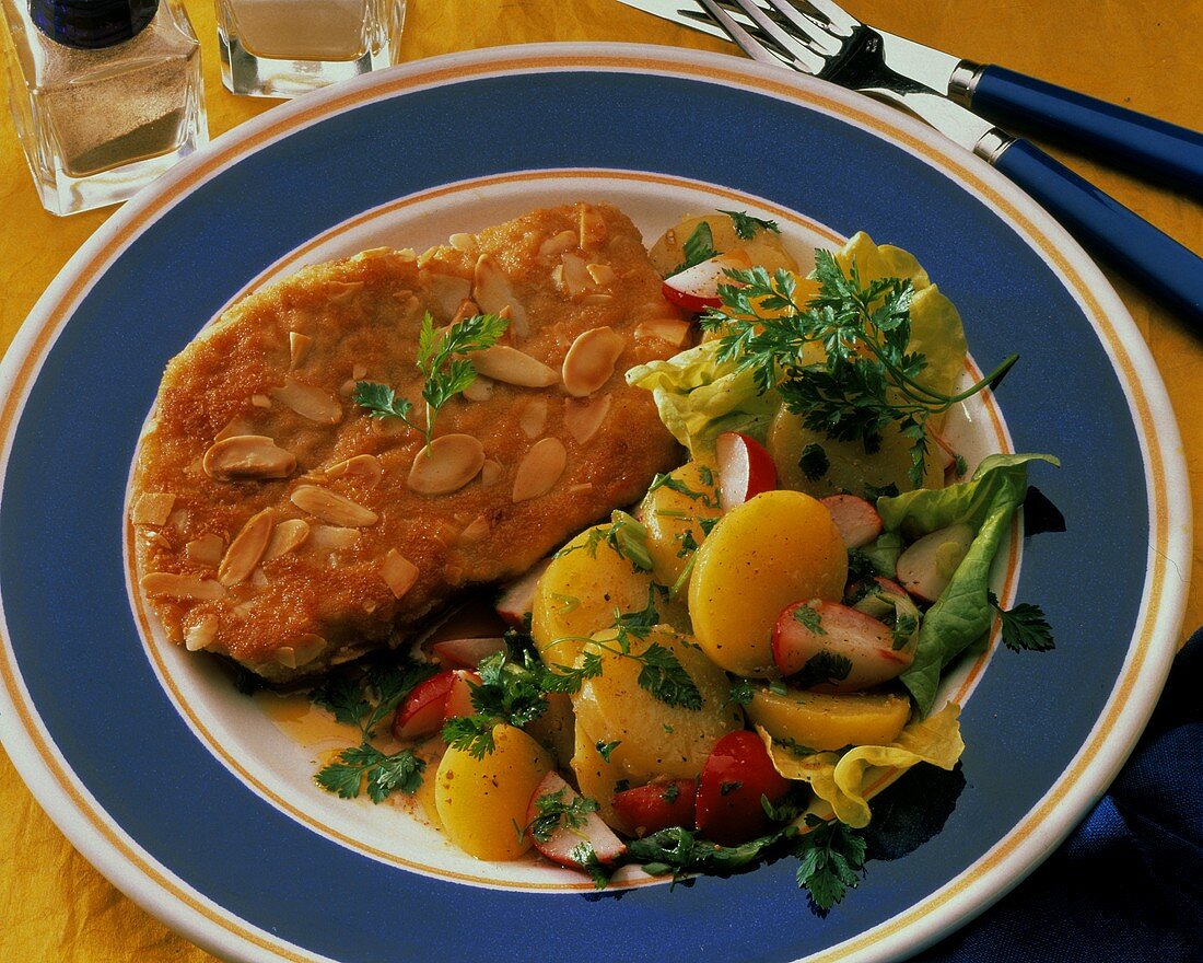 Paniertes Schnitzel mit Mandeln & Kartoffel-Gemüse-Salat