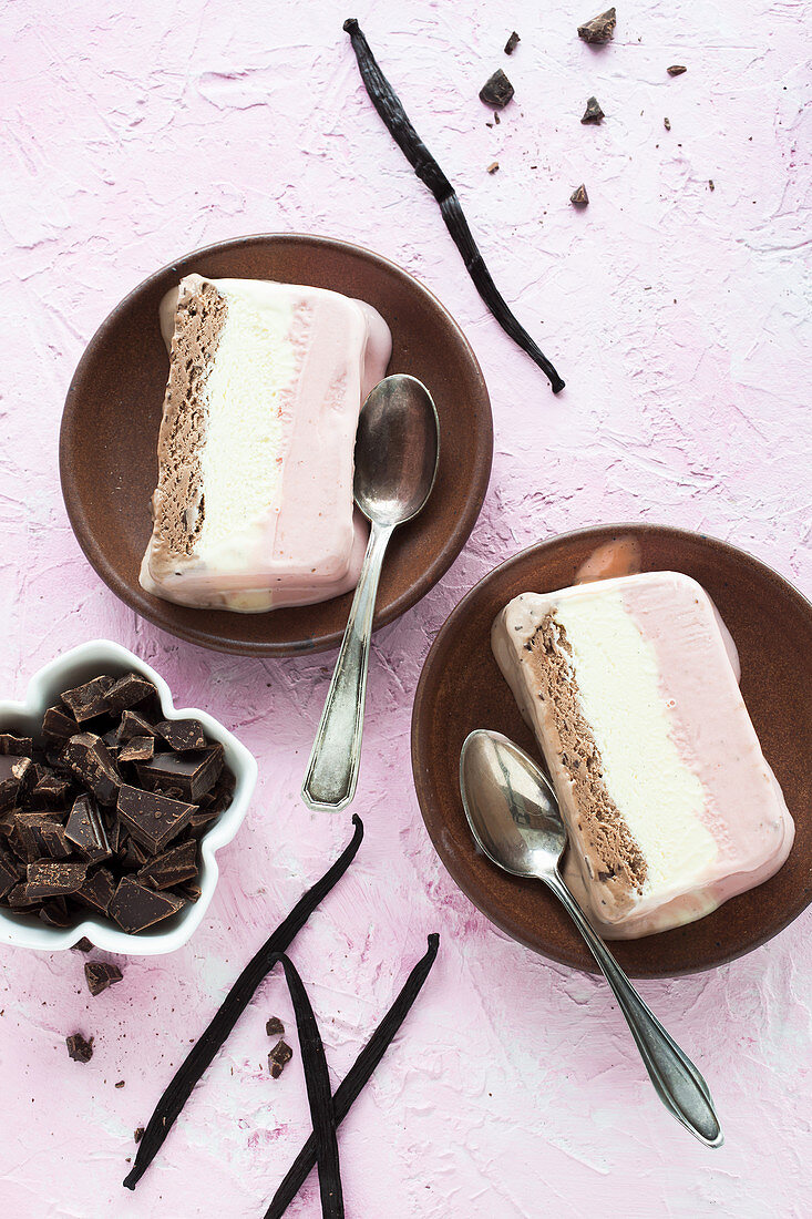 Trio ice cream with strawberry, vanilla and chocolate ice cream