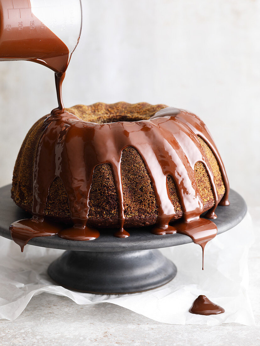 Eggnog Bundt cake with chocolate glaze