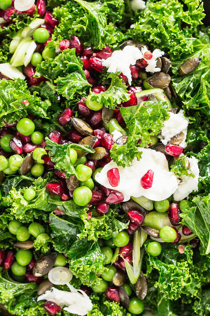 Wintersalat mit Grünkohl, Granatapfel, Erbsen, Mozzarella und Kürbiskernen