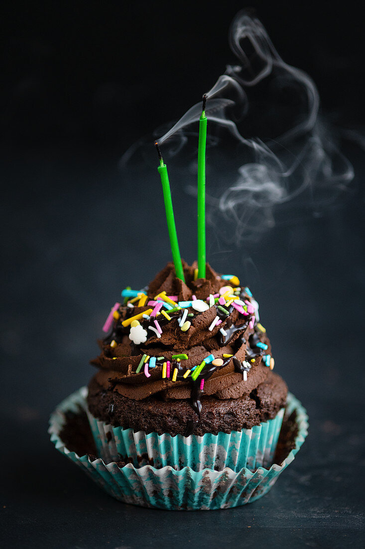A vegan chocolate cupcake with blown-out candles