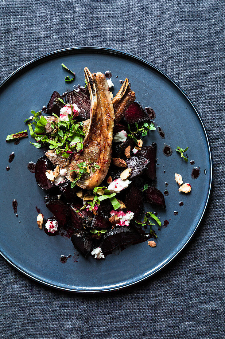 Caramelised, oven-roasted beetroot with a lamb chop and goat's cream cheese