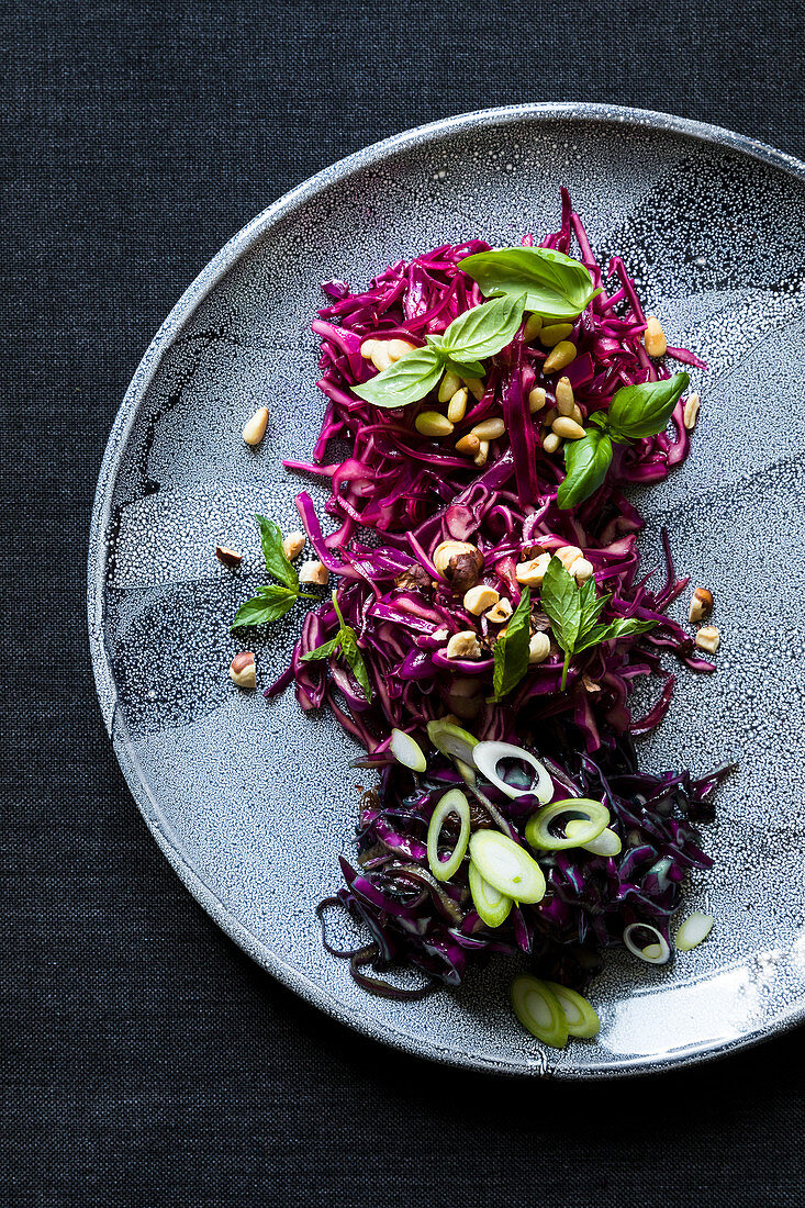 Vegan red cabbage salad with a trio of dressing