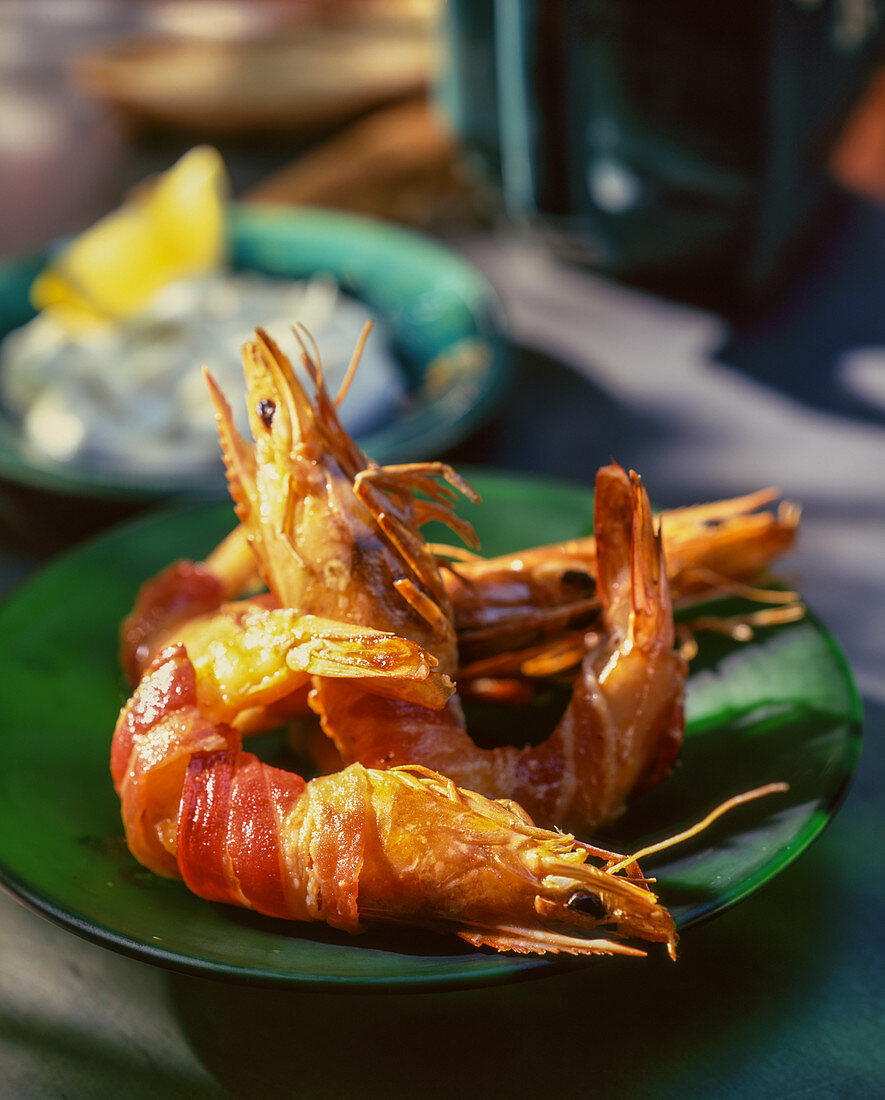 Prawns wrapped in bacon