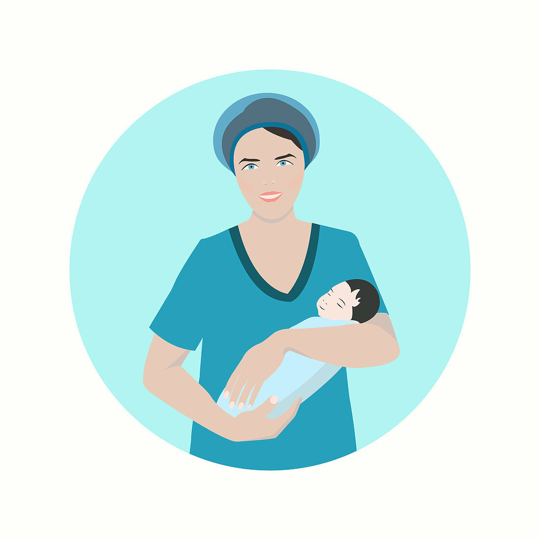 Midwife with a newborn baby, illustration