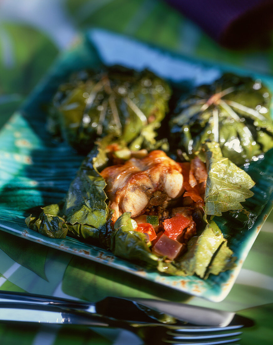 Gefüllte Weinblätter mit Kaninchenragout