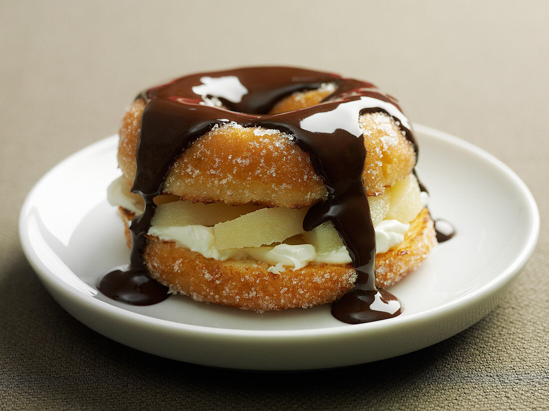 Pear doughnut with chocolate sauce