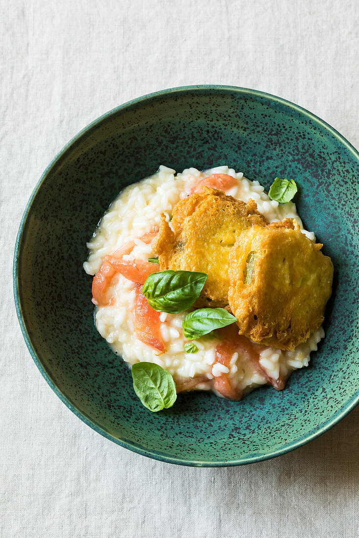 Risotto with tomatoes, basil and green tomato piccata