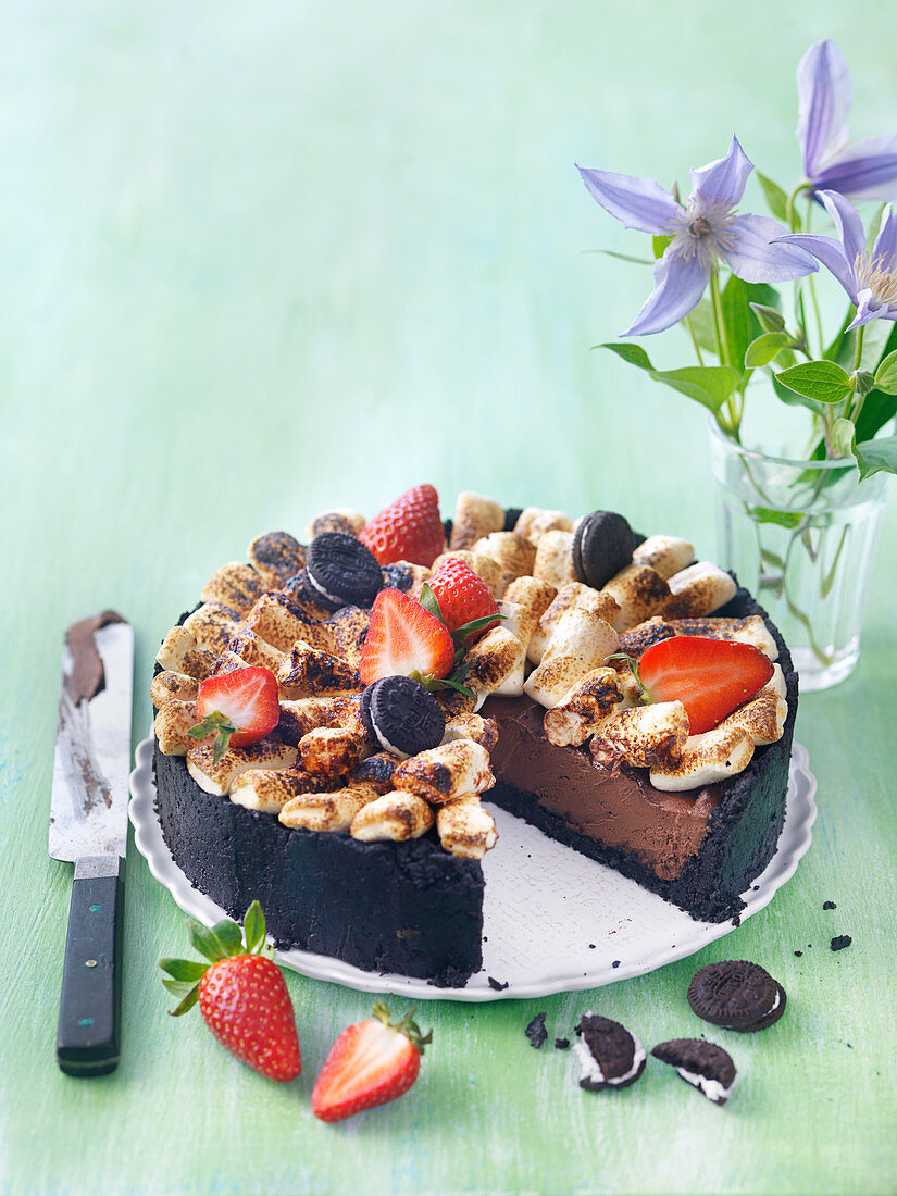 Chocolate cake with strawberries, grilled marshmallows and oreos