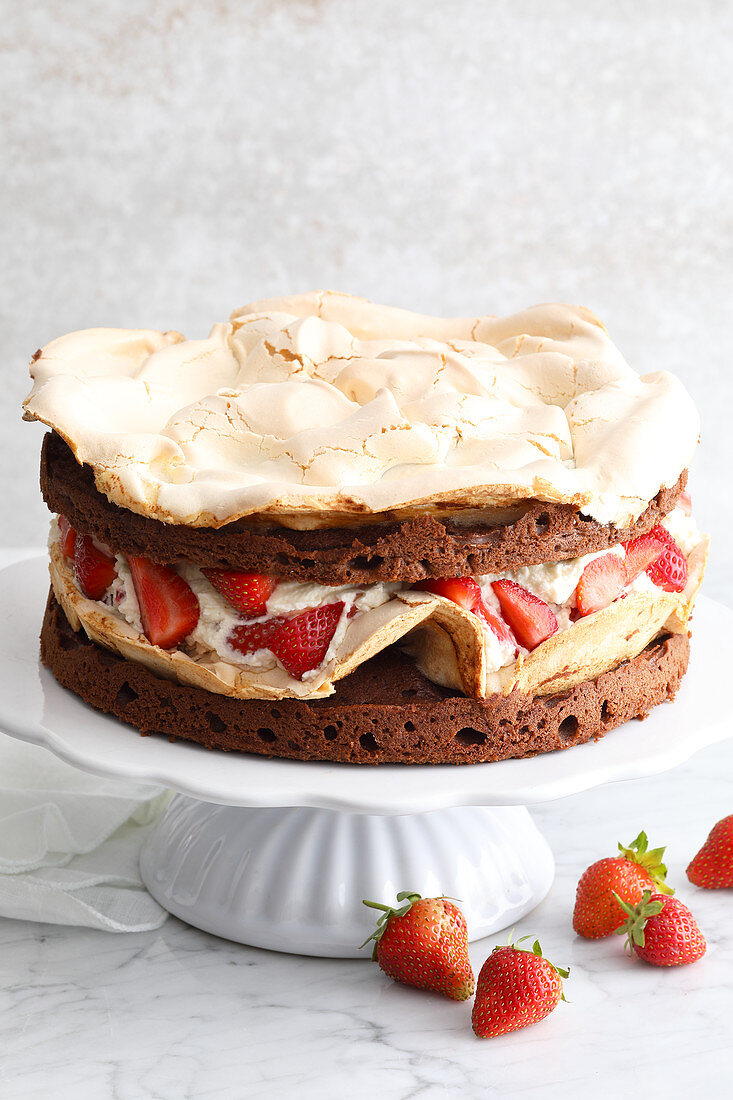 Chocolate and strawberry meringue cake