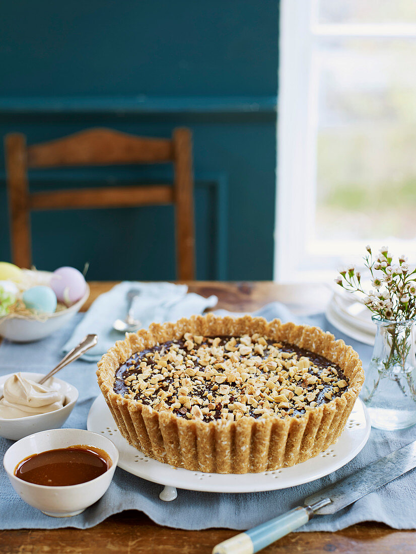 Chocolate pie with toffee sauce and coffee cream