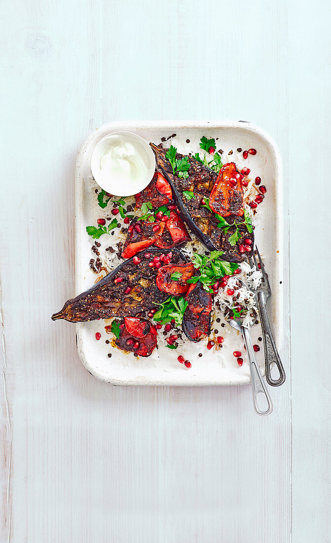 Spice-crusted aubergines and peppers with pilaf