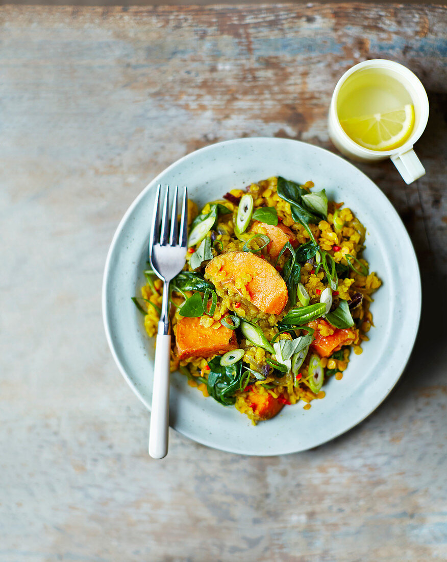 Spinach, sweet potato and lentil dhal
