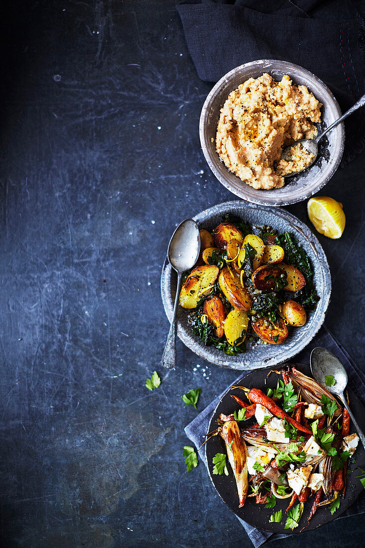 Balsamico-Gemüse, Frühkartoffeln mit Spinat und Kichererbsenpüree