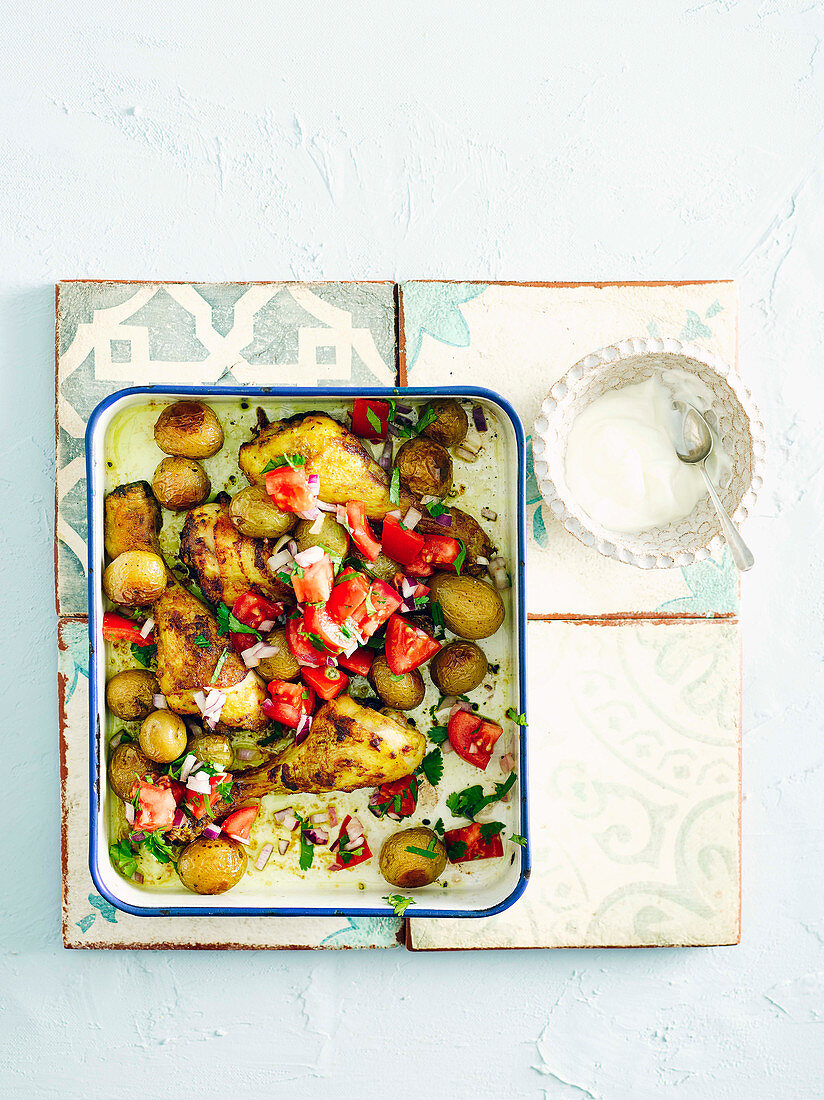 Curried chicken and new potato traybake