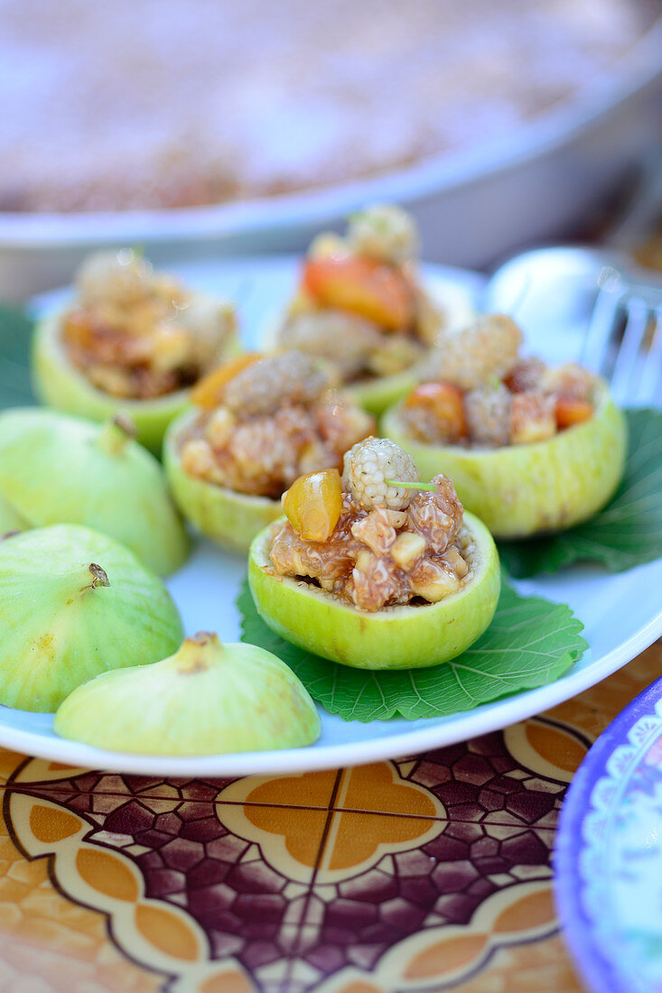 Stuffed green figs with nuts, greengages and mulberries (Turkey)