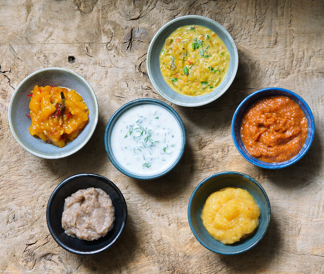 Six different Indian sauces and dips