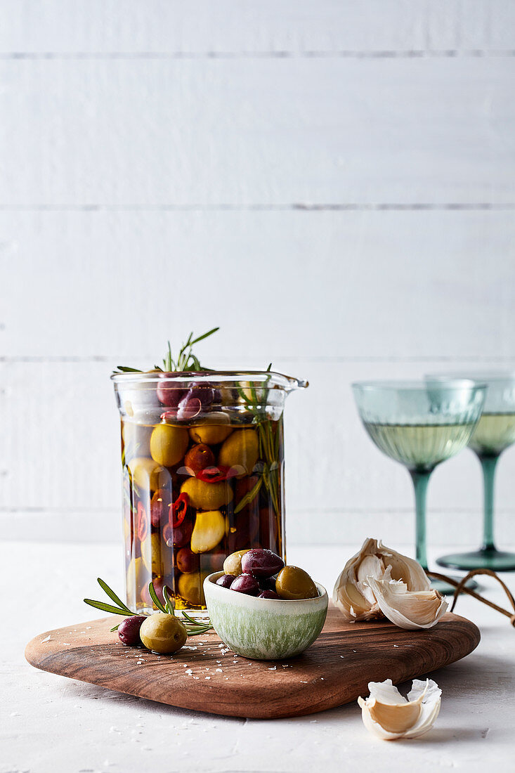 Marinated olives with garlic and herbs