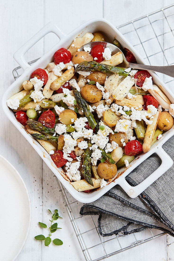 Asparagus roasted vegetables with feta