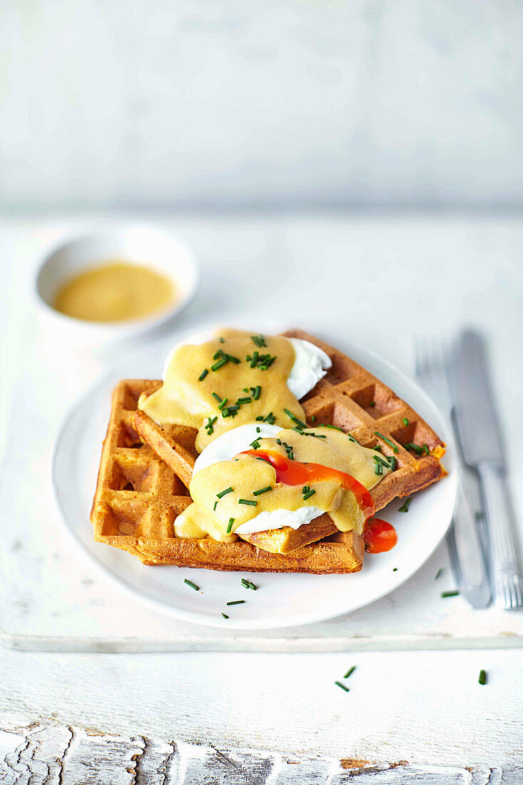 Marmite eggs Benedict with waffles
