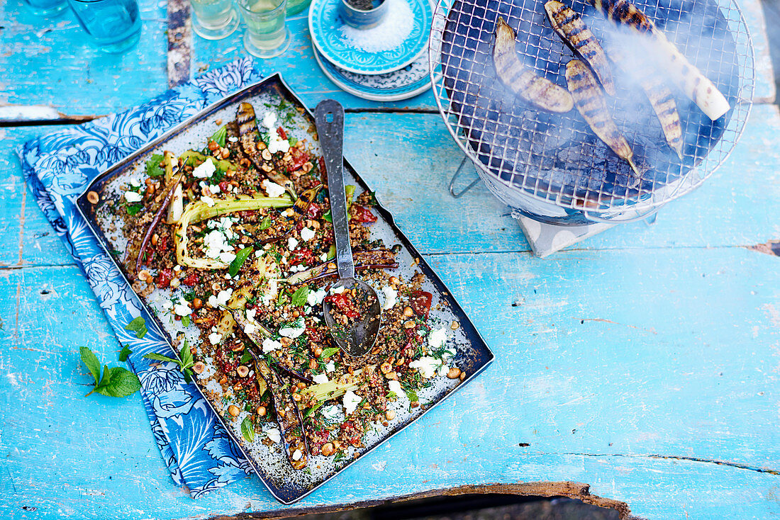 Charred baby aubergine and toasted quinoa salad